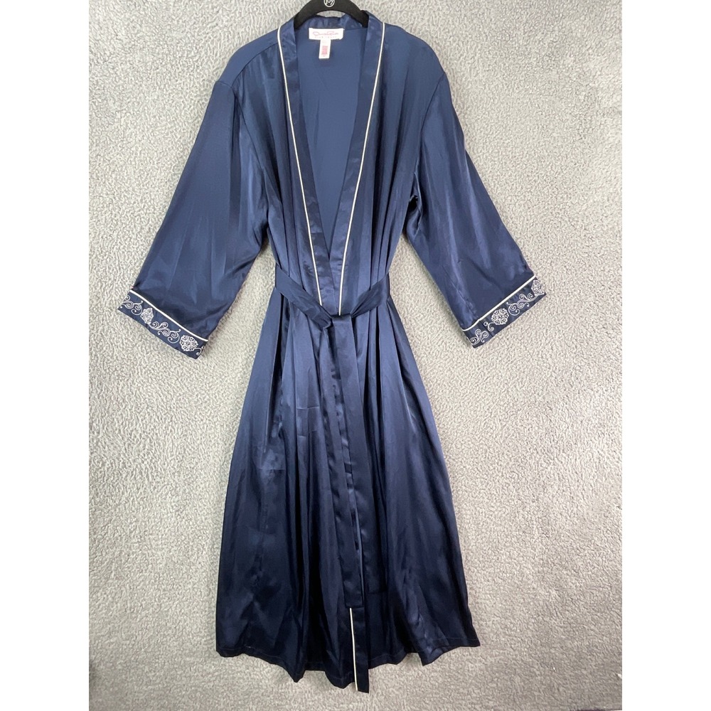 Oscar de la Renta Robe Womens Large Navy Blue Satin Embroidered Long Sleepwear